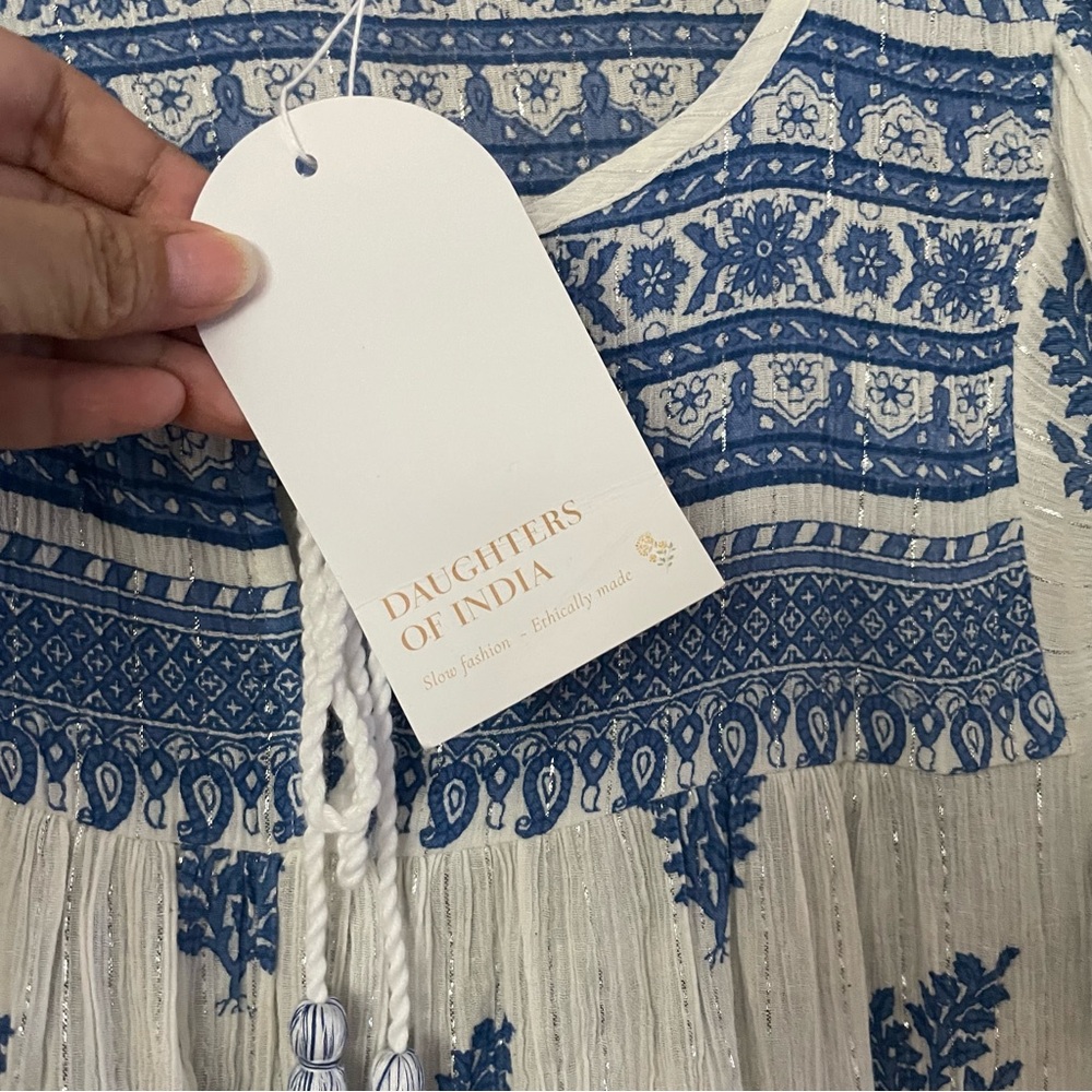 Daughters of India Mishka Dress Boho Feminine Romantic Ethical Blue White S B41 - Picture 8 of 14